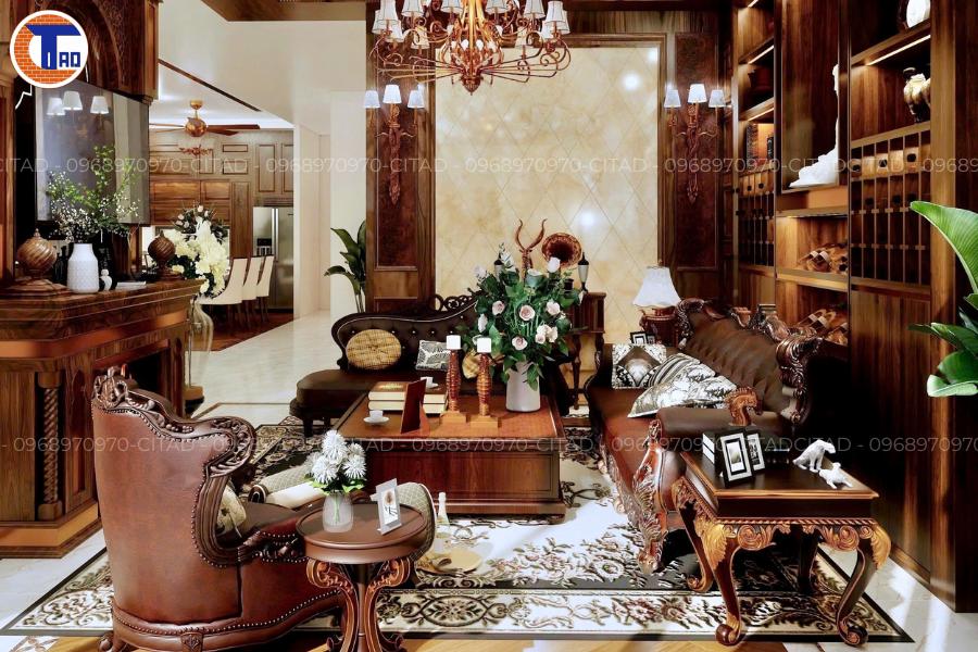 Thiết kế phòng khách gỗ phong cách cổ điển