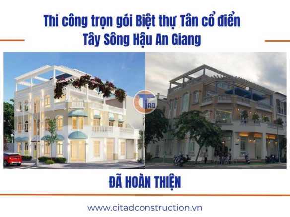 Thi công trọn gói biệt thự Tân cổ điển Tây Sông Hậu - mặt tiền hoàn thiện