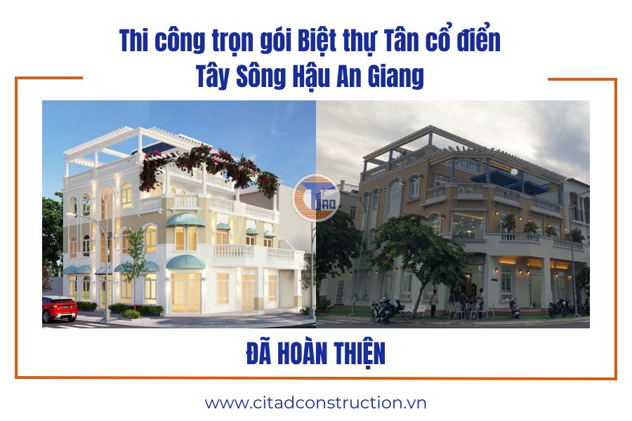 Thi công trọn gói biệt thự Tân cổ điển Tây Sông Hậu - mặt tiền hoàn thiện