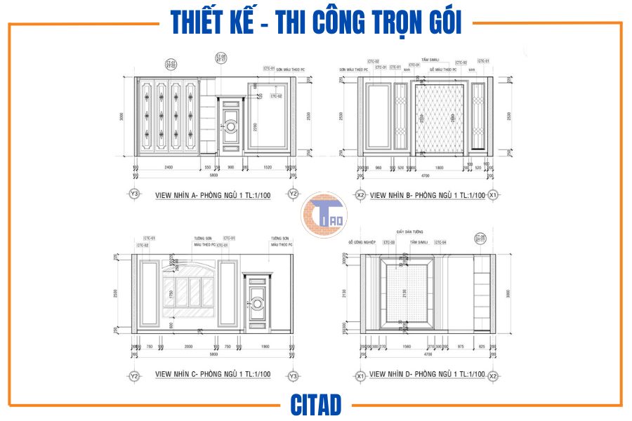 Bản vẽ kỹ thuật chi tiết phòng ngủ từ các góc nhìn A, B, C, D.