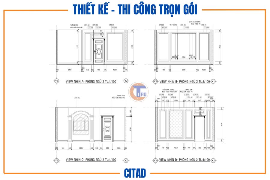 Bản vẽ chi tiết các mặt đứng phòng ngủ 2 – Công trình nhà anh Tiến