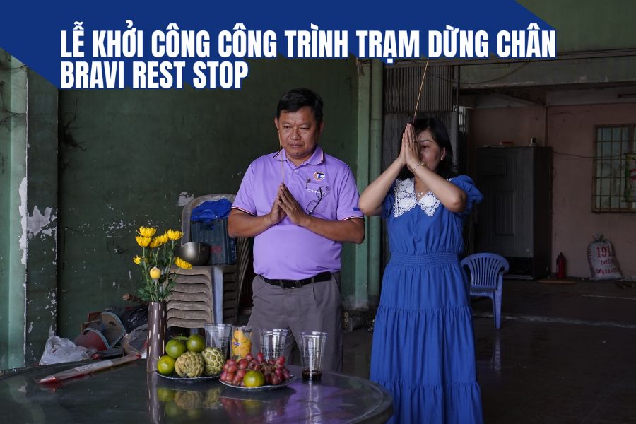 Chủ đầu tư cùng giám đốc chuẩn bị lễ cúng khởi công công trình Bravi Rest Stop tại Long Xuyên