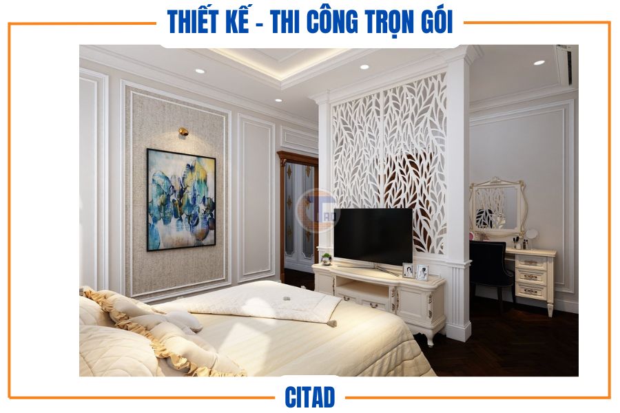 Phối cảnh vách CNC nghệ thuật và bàn làm việc phòng ngủ