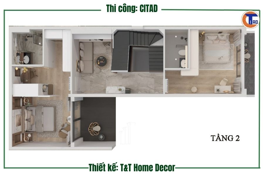 Mặt bằng tầng 2 công trình nhà phố Long Xuyên