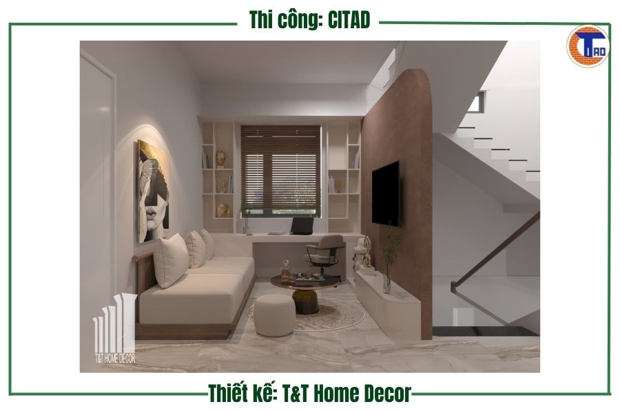 Hành lang cầu thang tầng 1 nhà phố Long Xuyên