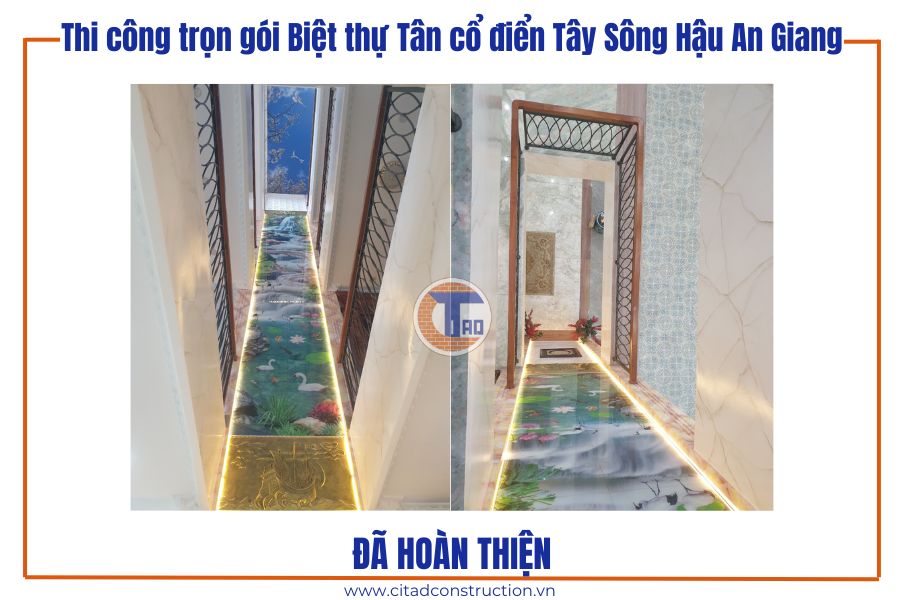 Thi công trọn gói Biệt thự Tân cổ điển Tây Sông Hậu An Giang – Cập nhật công trình sau hoàn thiện 23 Sàn hành lang biệt thự thiết kế in 3D hồ thiên nhiên