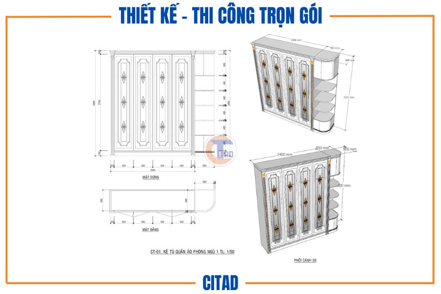 Thiết kế 3D và bản vẽ kỹ thuật tủ quần áo phòng ngủ.