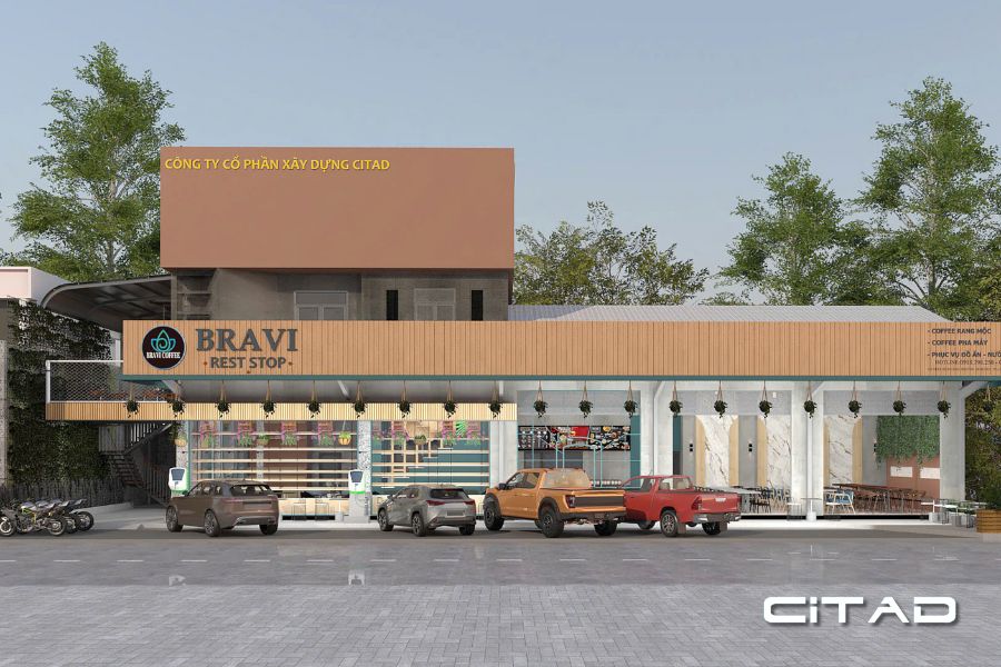 Phối cảnh mặt tiền công trình Bravi Rest Stop tại Long Xuyên – thiết kế hiện đại - Hoàn thiện công trình Trạm dừng chân An Giang