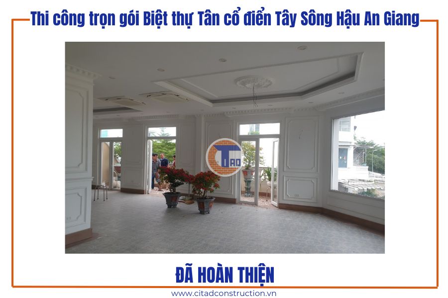 Thi công trọn gói Biệt thự Tân cổ điển Tây Sông Hậu An Giang – Cập nhật công trình sau hoàn thiện 22 Phòng khách biệt thự Tân cổ điển Tây Sông Hậu rộng rãi, sang trọng