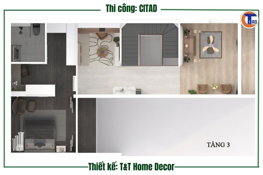 Bố trí mặt bằng tầng 3 nhà phố Long Xuyên