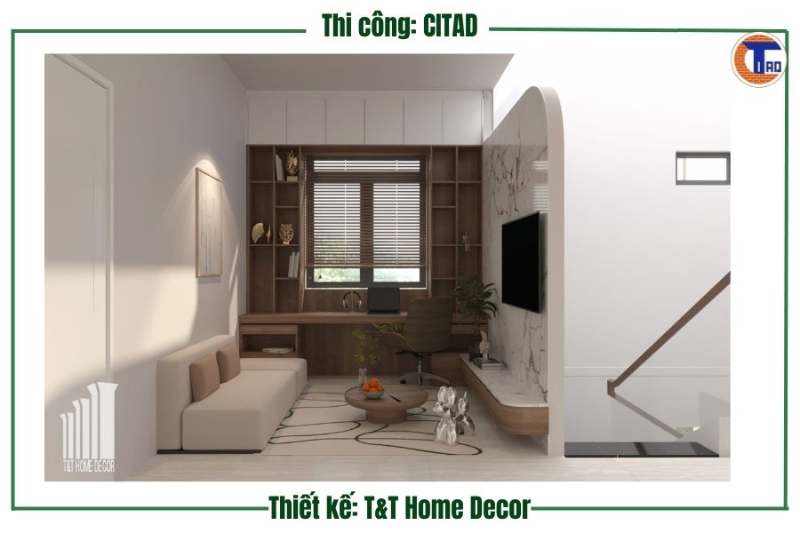 Hành lang cầu thang tầng 2 nhà phố Long Xuyên