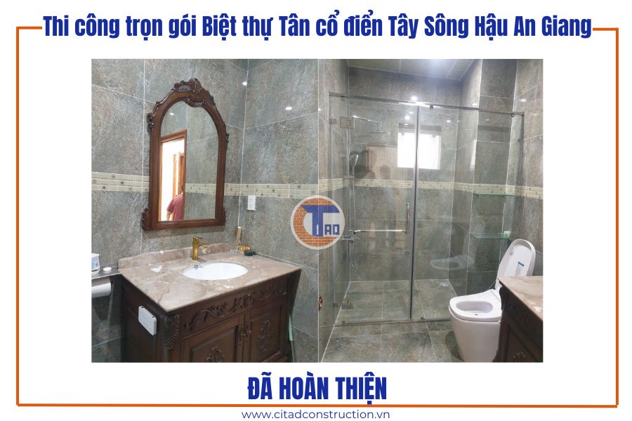 Thi công trọn gói Biệt thự Tân cổ điển Tây Sông Hậu An Giang – Cập nhật công trình sau hoàn thiện 15 Phòng tắm đứng biệt thự với gạch men màu đá cổ điển