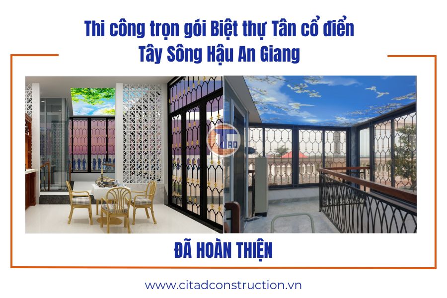 Thi công trọn gói Biệt thự Tân cổ điển Tây Sông Hậu An Giang – Cập nhật công trình sau hoàn thiện 11 Thi công trọn gói biệt thự Tân cổ điển Tây Sông Hậu - không gian bàn trà sân thượng
