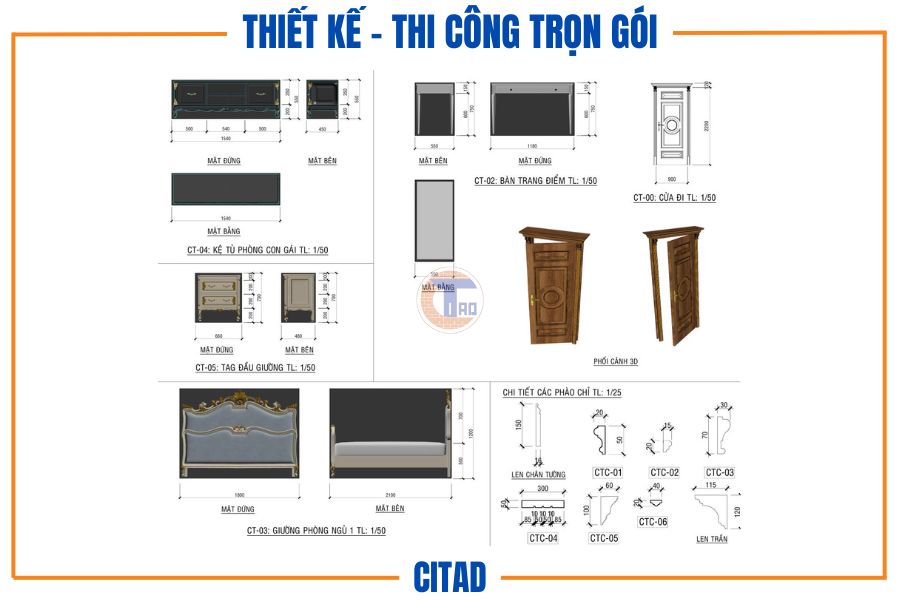 Bản vẽ chi tiết các món đồ nội thất phòng ngủ: giường, bàn, tủ.