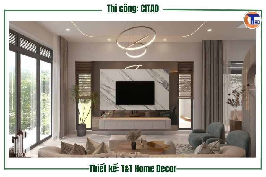 Phòng khách hiện đại nhà phố Long Xuyên