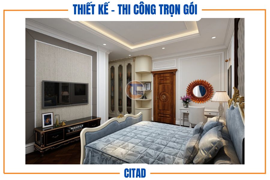 View từ góc giường hướng về tủ quần áo và cửa phòng.