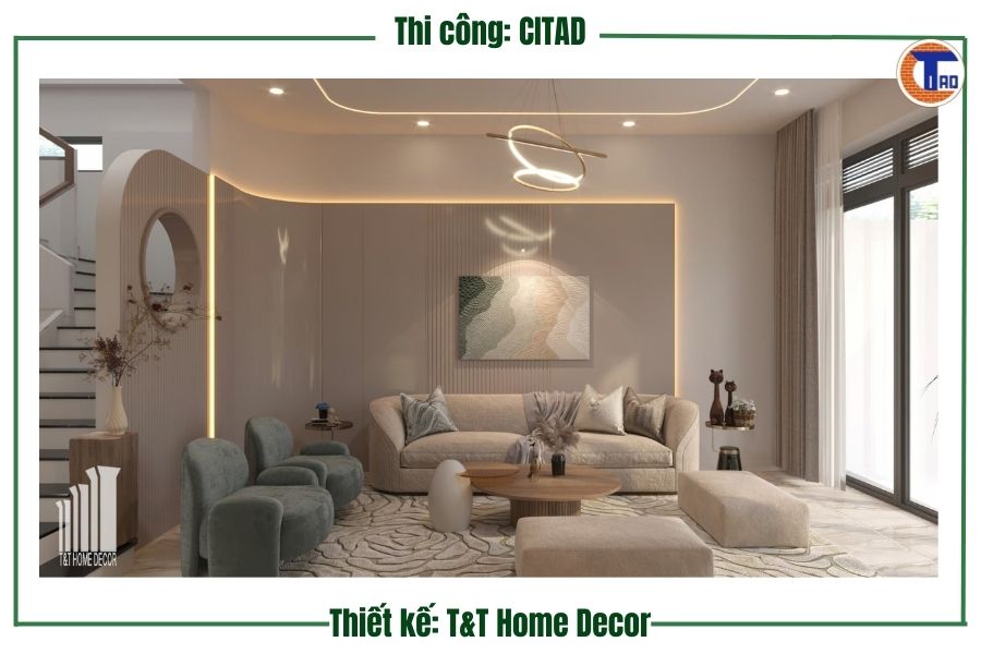 Phòng khách hiện đại nhà phố Long Xuyên
