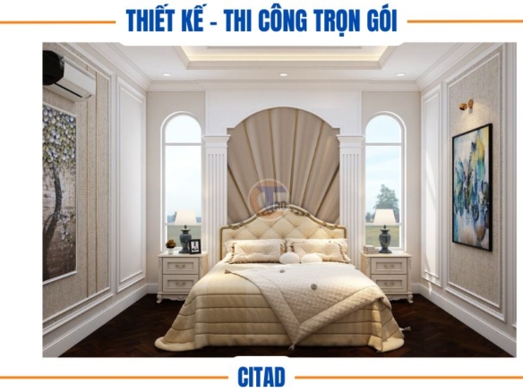 Thiết kế nội thất phòng ngủ - Giường ngủ phong cách tân cổ điển với hệ phào sang trọng