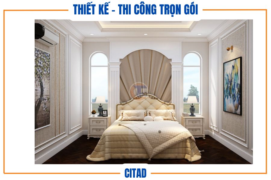Thiết kế nội thất phòng ngủ - Giường ngủ phong cách tân cổ điển với hệ phào sang trọng