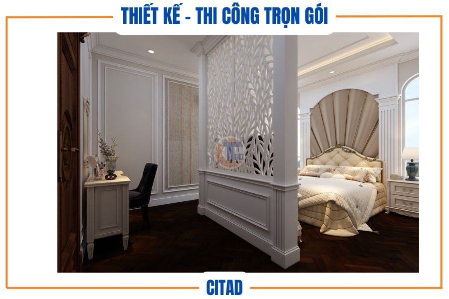 Không gian phân khu giường và bàn trang điểm phòng ngủ