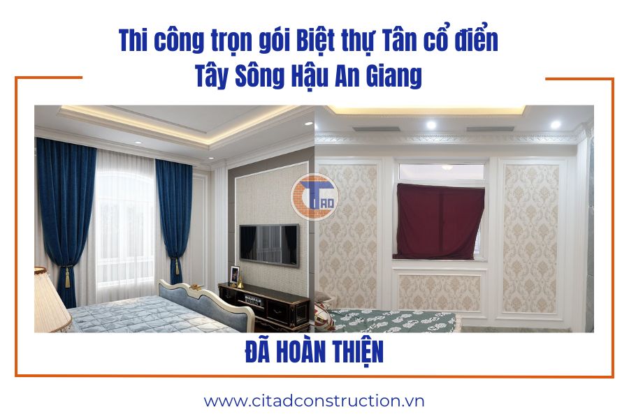 Thi công trọn gói Biệt thự Tân cổ điển Tây Sông Hậu An Giang – Cập nhật công trình sau hoàn thiện 10 Thi công trọn gói biệt thự Tân cổ điển Tây Sông Hậu - phòng ngủ cổ điển sang trọng