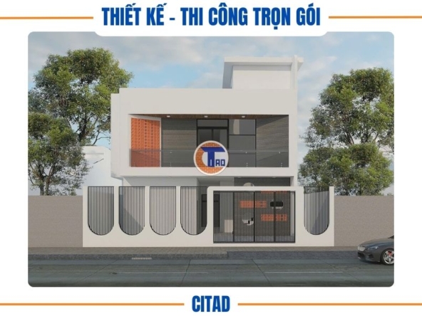 Thiết kế nhà phố 2 tầng hiện đại với mặt tiền có cửa kính lớn