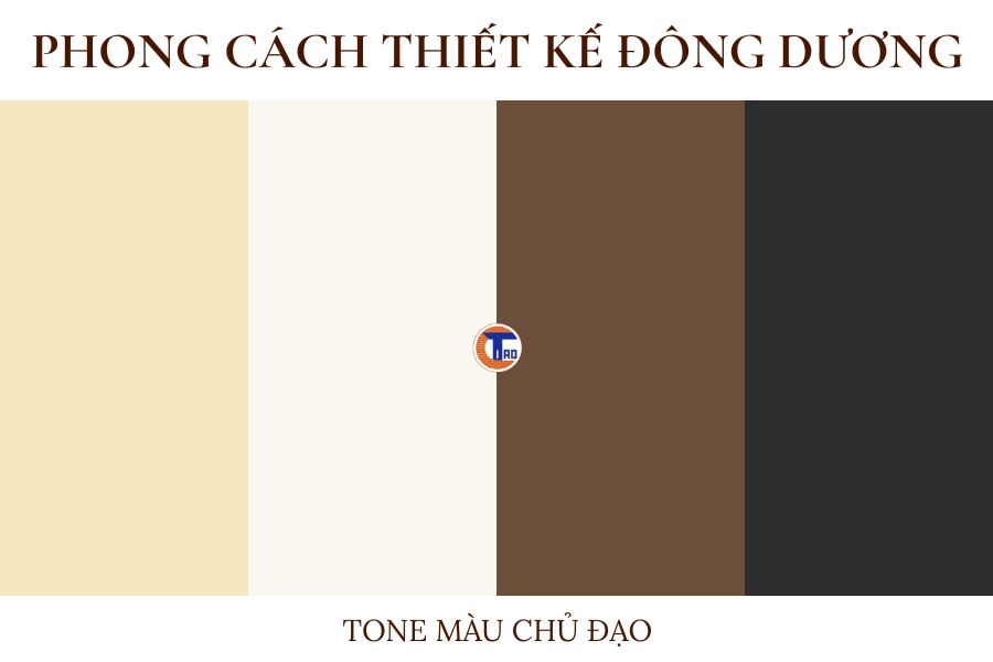 Phong cách thiết kế Đông Dương (Indochine Style) là gì? Ưu điểm & ứng dụng thực tế | CITAD 2 Bảng phối màu chủ đạo của phong cách thiết kế Đông Dương gồm vàng nhạt, trắng ngà, nâu, đen