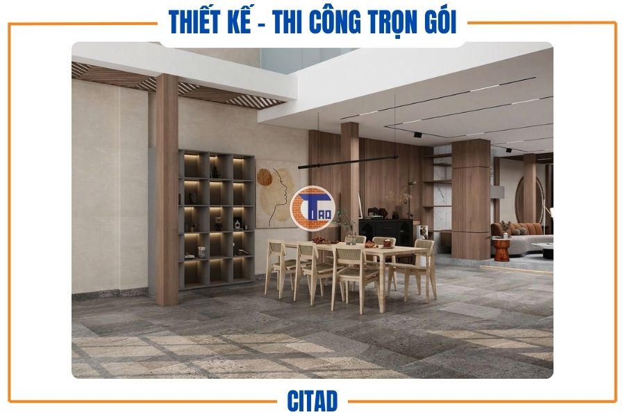 Không gian bàn ăn với tủ trang trí kèm tranh nghệ thuật