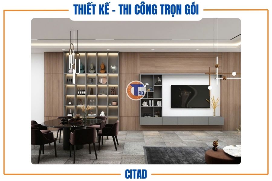 Thiết kế nhà phố 4 tầng Tân cổ điển kết hợp Hiện đại | CITAD 8 Phòng khách hiện đại với kệ trưng bày và bàn ăn sang trọng