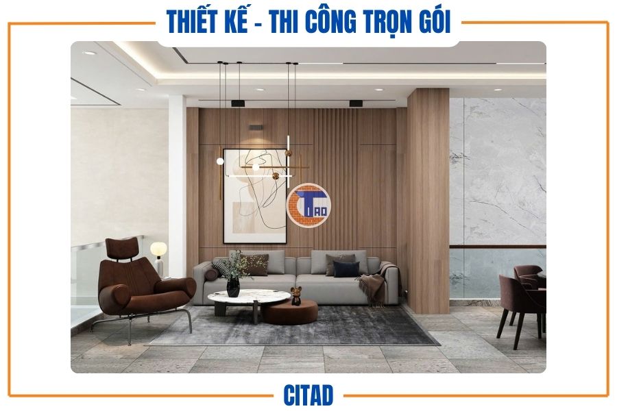 Thiết kế nhà phố 4 tầng Tân cổ điển kết hợp Hiện đại | CITAD 10 Khu vực tiếp khách với sofa hiện đại và đèn trần nghệ thuật