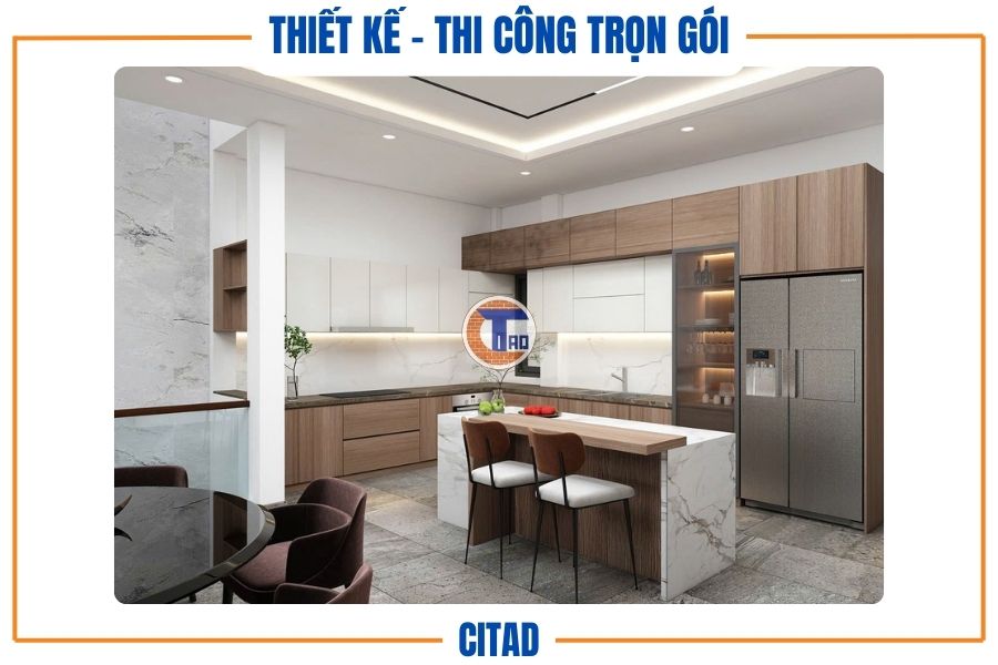 Thiết kế nhà bếp mở hiện đại-Không gian bếp hiện đại với vật liệu đá marble sang trọng