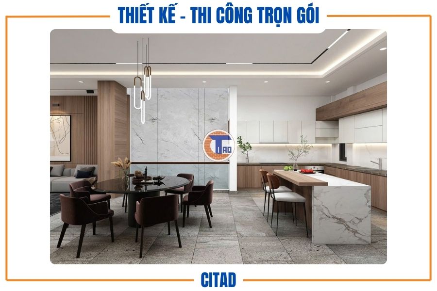 Thiết kế nhà phố 4 tầng Tân cổ điển kết hợp Hiện đại | CITAD 9 Không gian bếp rộng rãi với đảo bếp đá vân mây sang trọng