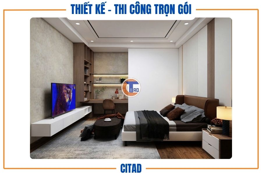 Thiết kế nhà phố 4 tầng Tân cổ điển kết hợp Hiện đại | CITAD 13 Phòng ngủ chính với giường lớn và ánh sáng nhẹ nhàng