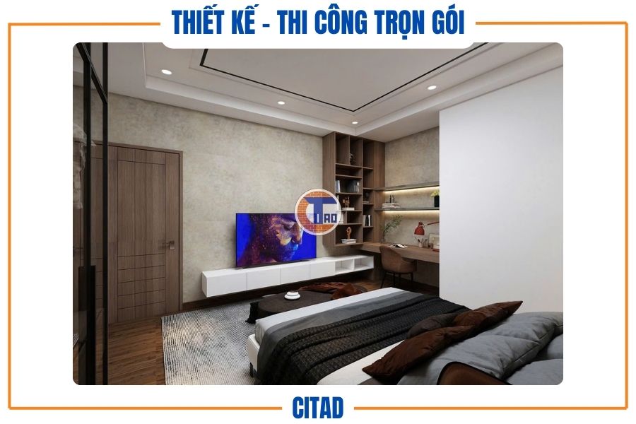 Góc nhìn tổng quan phòng ngủ hiện đại với nội thất gỗ ấm