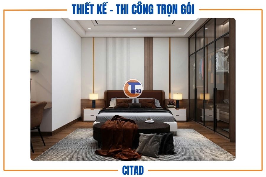 Thiết kế nhà phố 4 tầng Tân cổ điển kết hợp Hiện đại | CITAD 11 Phòng ngủ master với tủ quần áo kính và không gian thư giãn