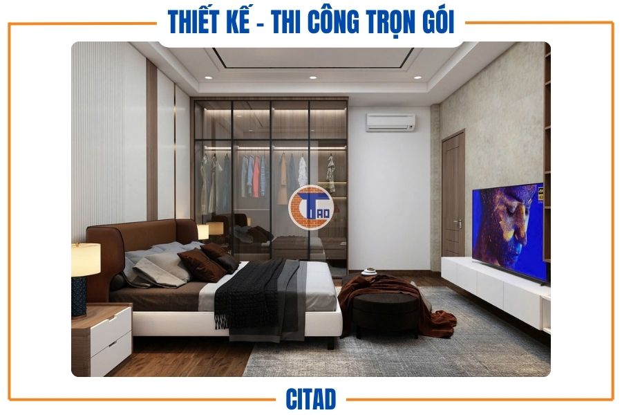 Phòng ngủ hiện đại với giường đôi và kệ tivi tối giản
