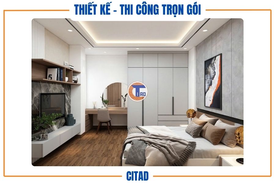 Bàn trang điểm và hệ tủ âm trần trong phòng ngủ hiện đại