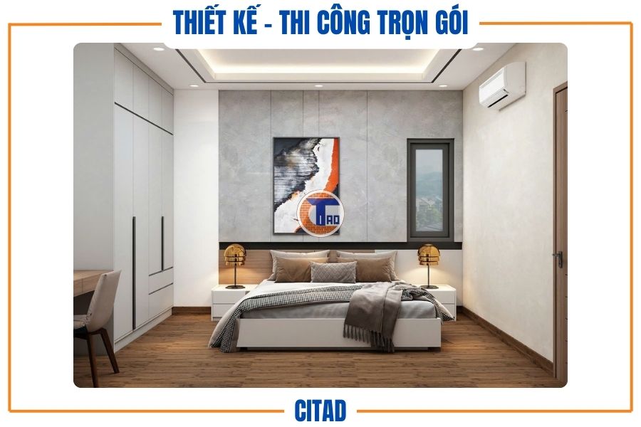 Thiết kế nhà phố 4 tầng Tân cổ điển kết hợp Hiện đại | CITAD 12 Phòng ngủ phụ với tranh treo tường và tủ âm tường