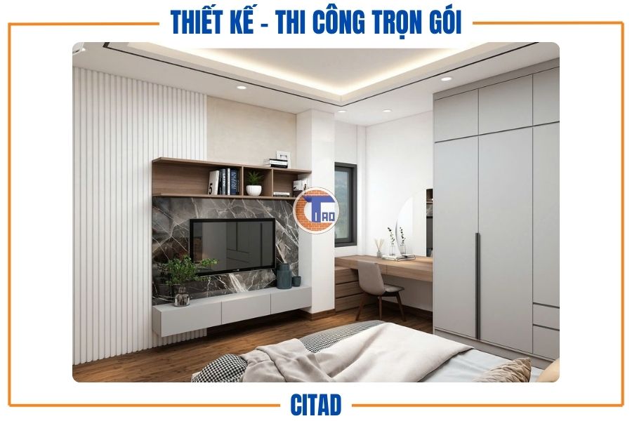 Thiết kế nhà phố 4 tầng Tân cổ điển kết hợp Hiện đại | CITAD 14 Phòng ngủ phụ với bàn trang điểm và tivi treo tường
