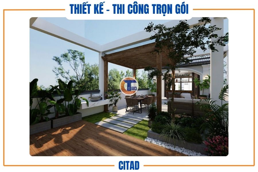 Thiết kế nhà phố 4 tầng Tân cổ điển kết hợp Hiện đại | CITAD 15 Không gian xanh mát với cây cối, chậu rửa và bàn ăn gần quầy bar sân vườn