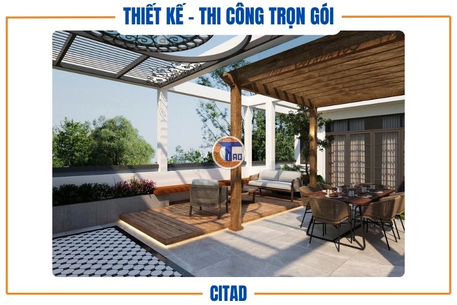Không gian tiếp khách ngoài trời với ghế sofa sân thượng hiện đại