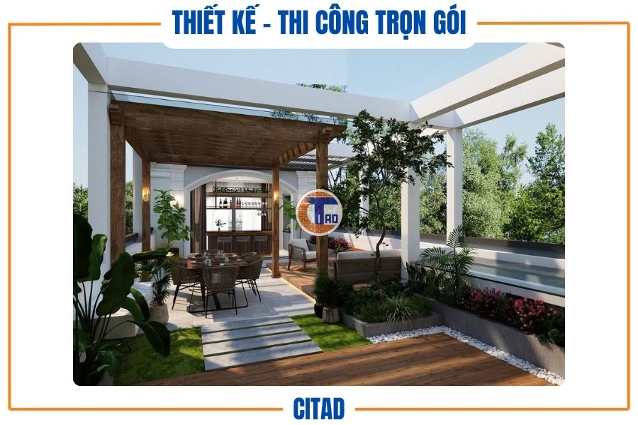 Thiết kế sân thượng hiện đại - tổng thể khu sân thượng hiện đại kết hợp tiệc và thư giãn