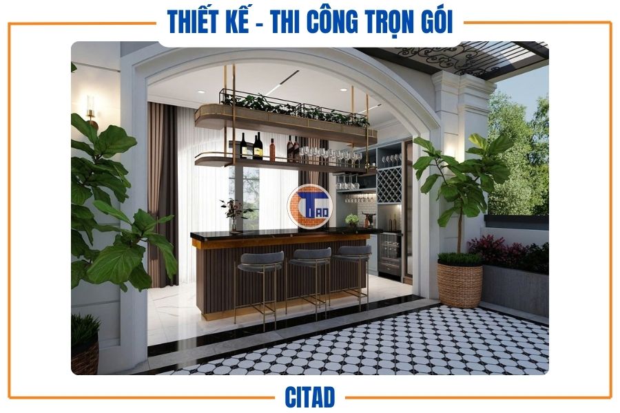 Góc nhìn nghiêng quầy bar sân thượng với kệ treo ly tinh tế