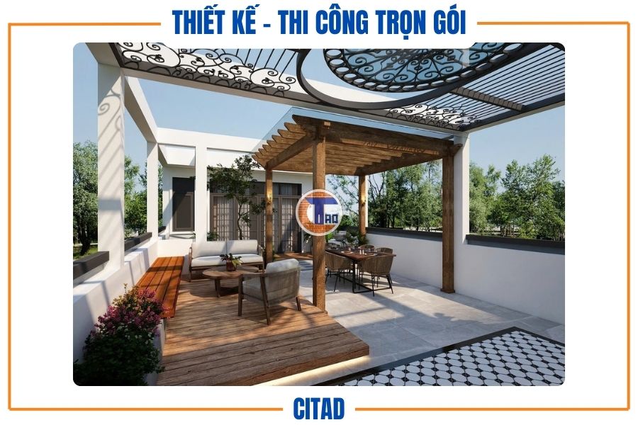 Khu sân thượng mái che sắt nghệ thuật kết hợp gỗ và gạch vintage