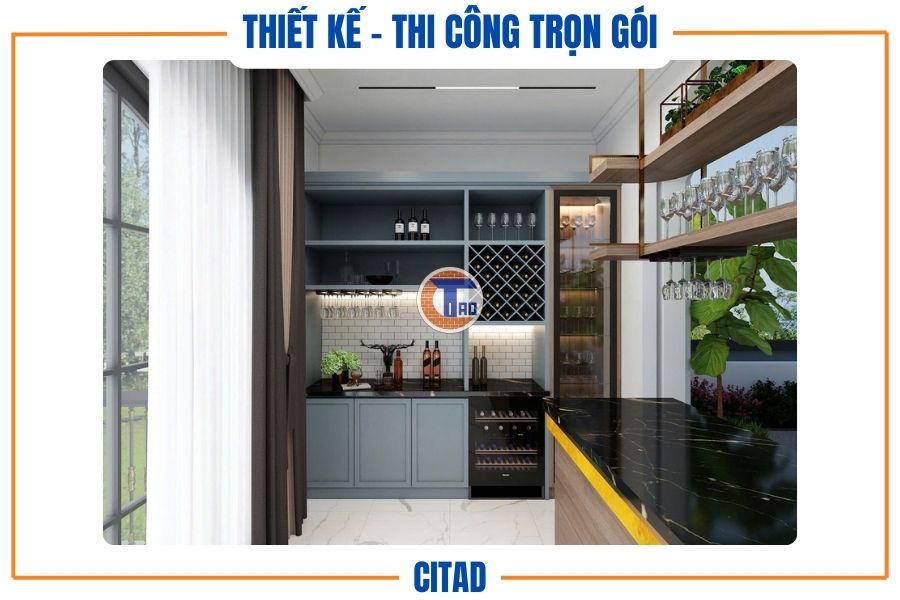 Thiết kế nhà phố 4 tầng Tân cổ điển kết hợp Hiện đại | CITAD 17 Tủ rượu kết hợp quầy bar hiện đại với kệ treo ly thủy tinh sang trọng