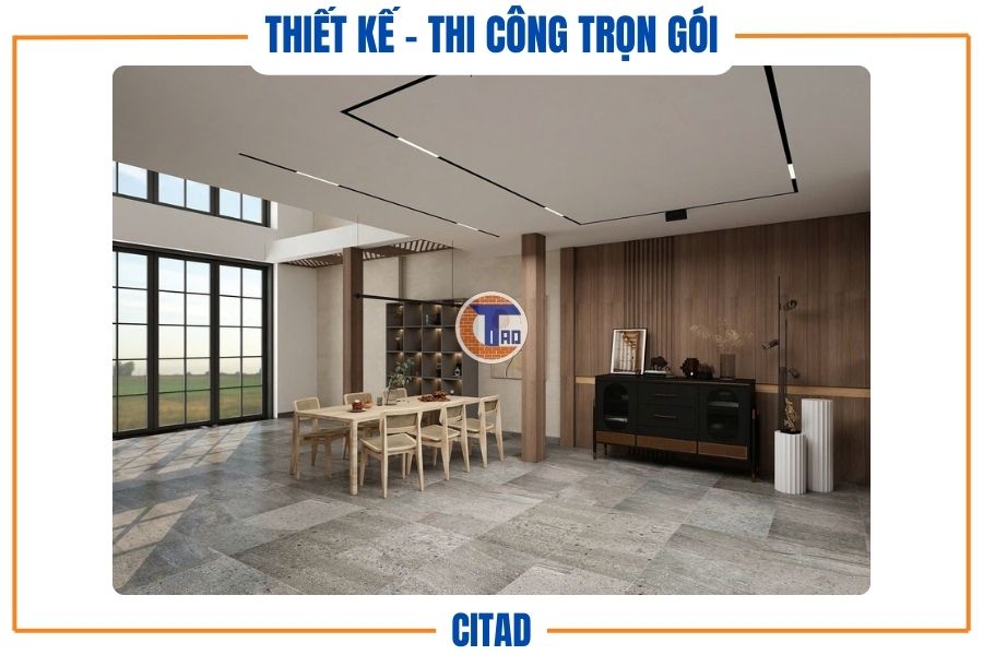 Khu vực bàn ăn liền kề cửa kính lớn trong thiết kế nhà phố