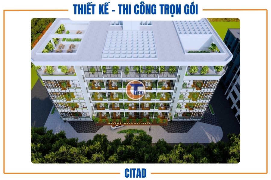 Thiết kế và thi công trọn gói Khách Sạn An Giang | CITAD 6 Tầm nhìn từ trên cao của khách sạn Hoàng Diệu – phối cảnh thiết kế khách sạn tại An Giang