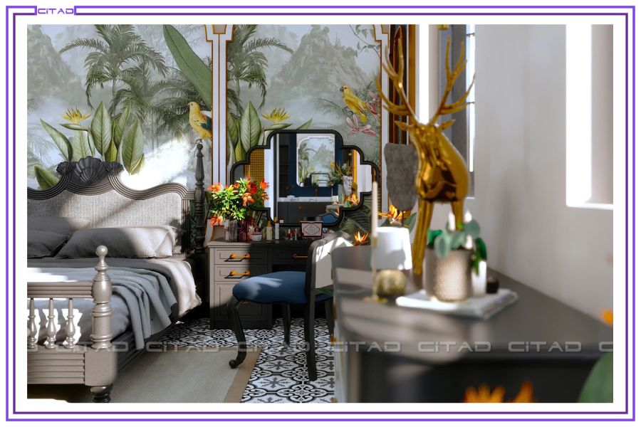 Phòng ngủ phong cách Đông Dương có giường gỗ, bàn trang điểm và tượng decor