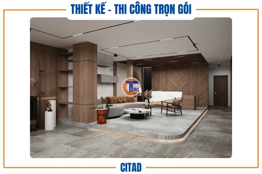 Thiết kế phòng khách với nền đá nâng và đèn âm sàn tinh tế