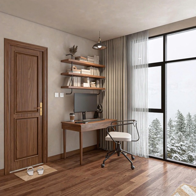 góc làm việc trong nhà gác lửng CITAD với bàn gỗ, kệ treo tường và cửa sổ lớn đón sáng tự nhiên